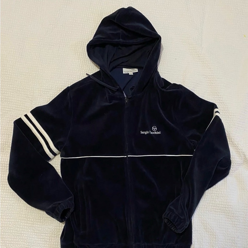 Sergio Tacchini Black Hoodie Sweatsuit with White Stripes